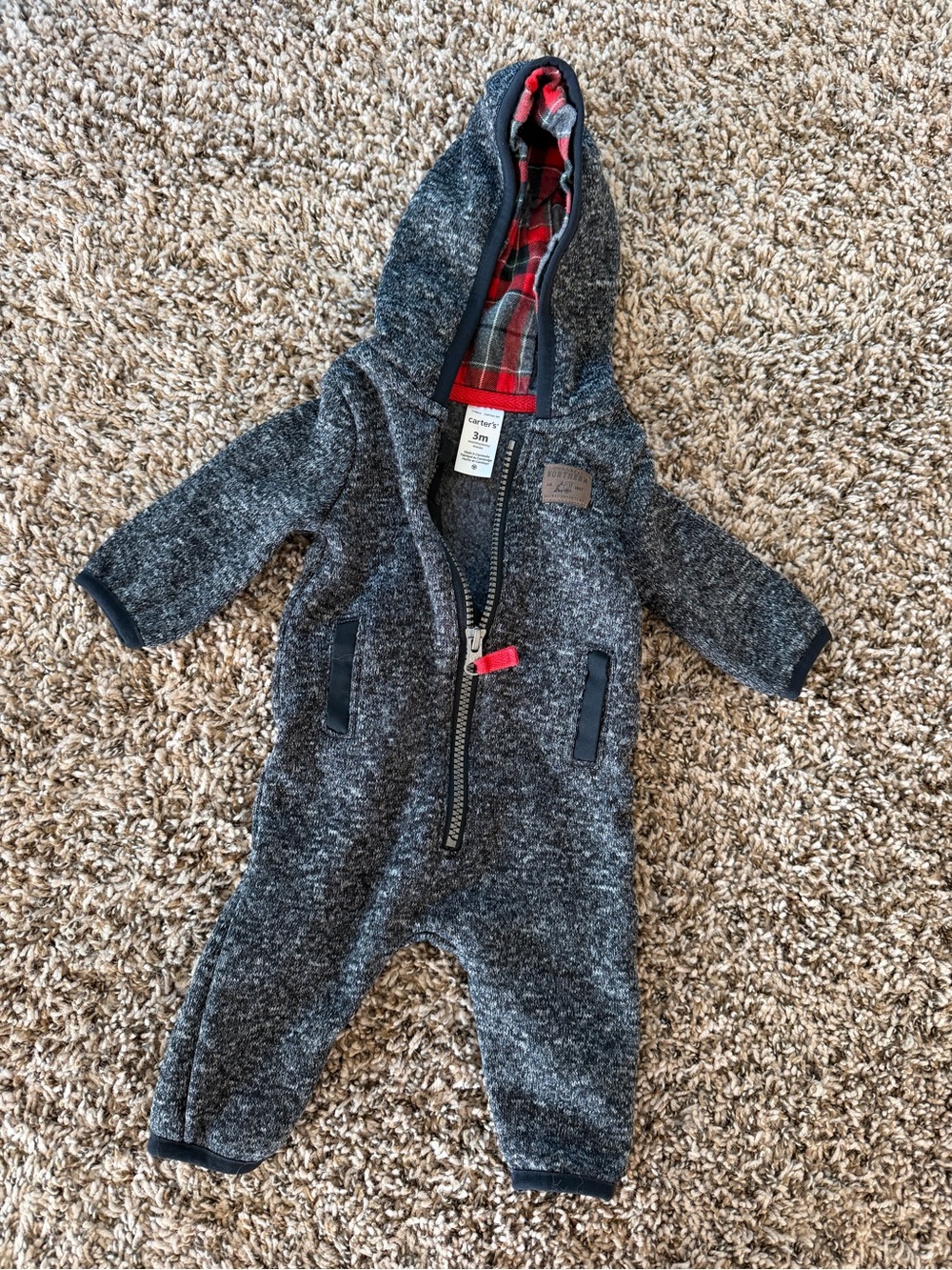Carterβs 6 month Gray Hooded Baby One-Piece with Plaid Lining